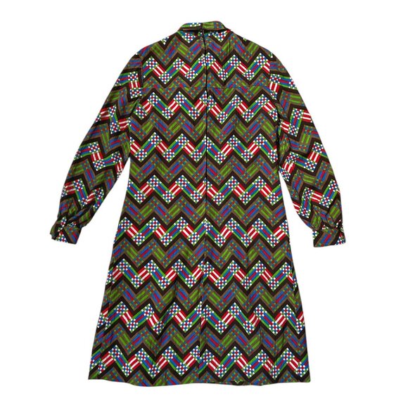 70s vintage wool shift dress midi shirt geometric pattern abstract print tie. - Picture 5 of 13